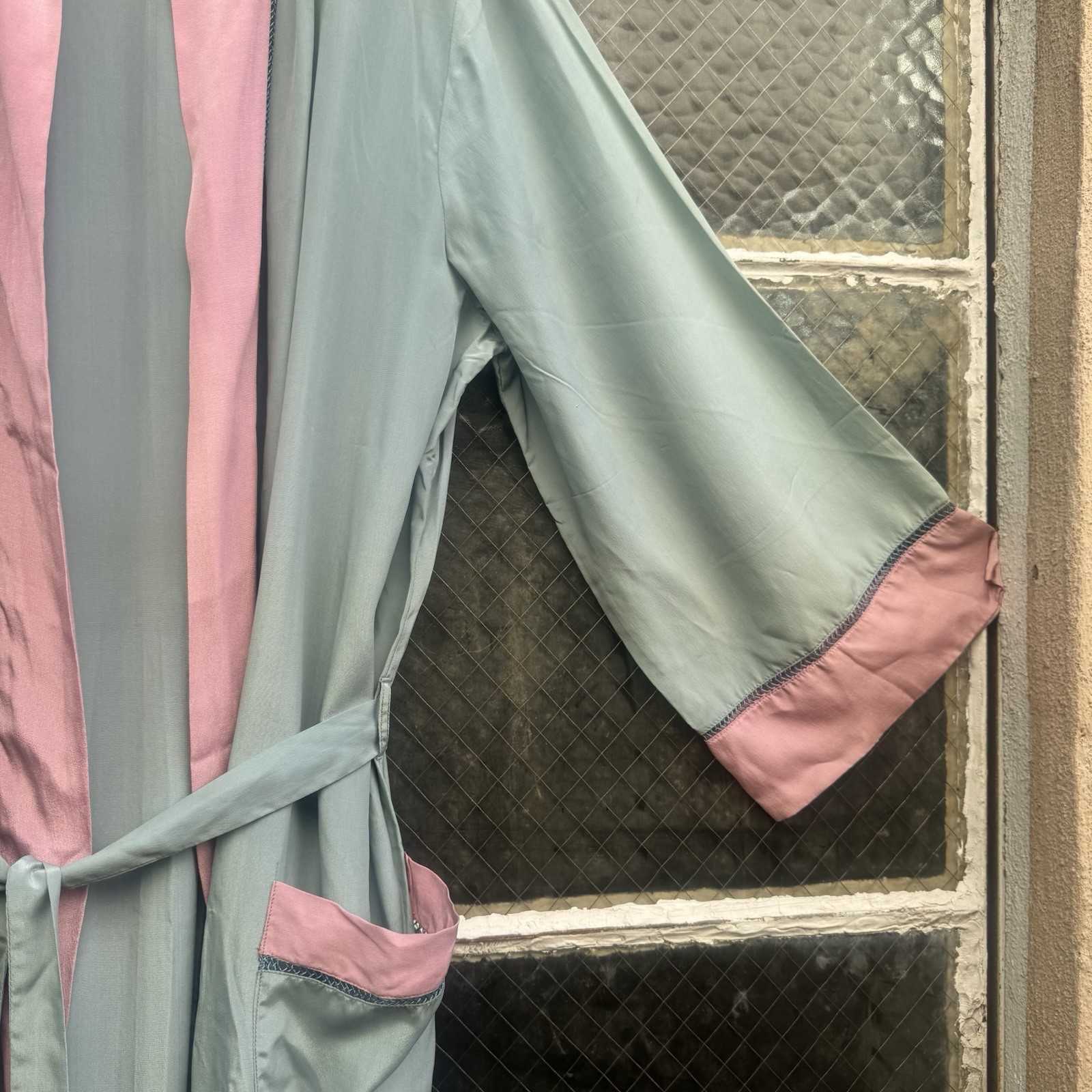Antique 1920s Cotton Candy Blue & Pink Silk Robe Dress Coat Lounge Vintage