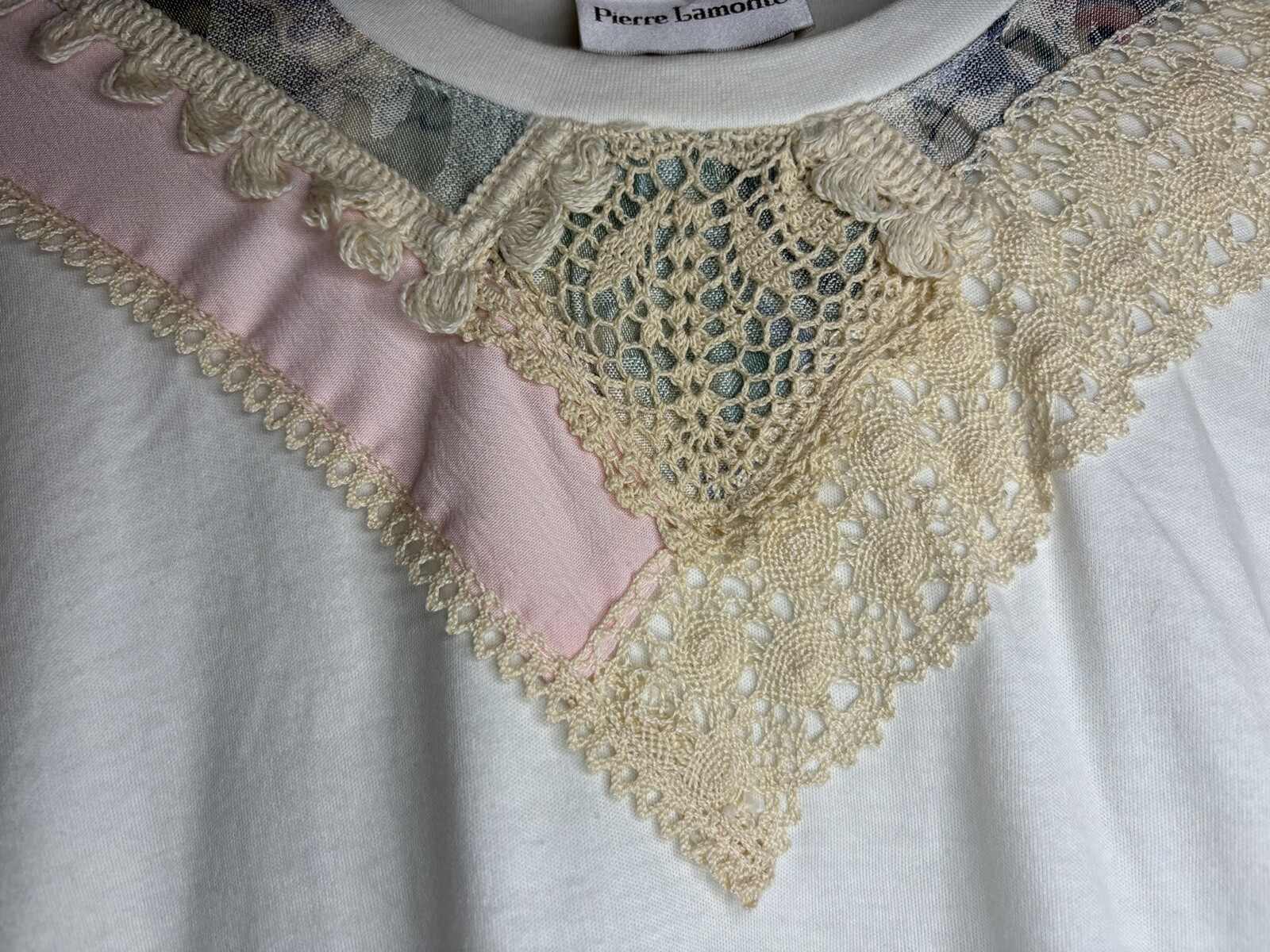Vintage Womens Pierre Lamonte Patchwork Lace Cottagecore White Top Retro Sz M