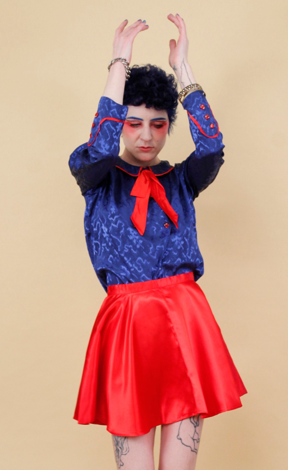 80s Vtg Blue Satin Sailor Moon Style Collar Blouse Shirt Button Up Nautical B34″