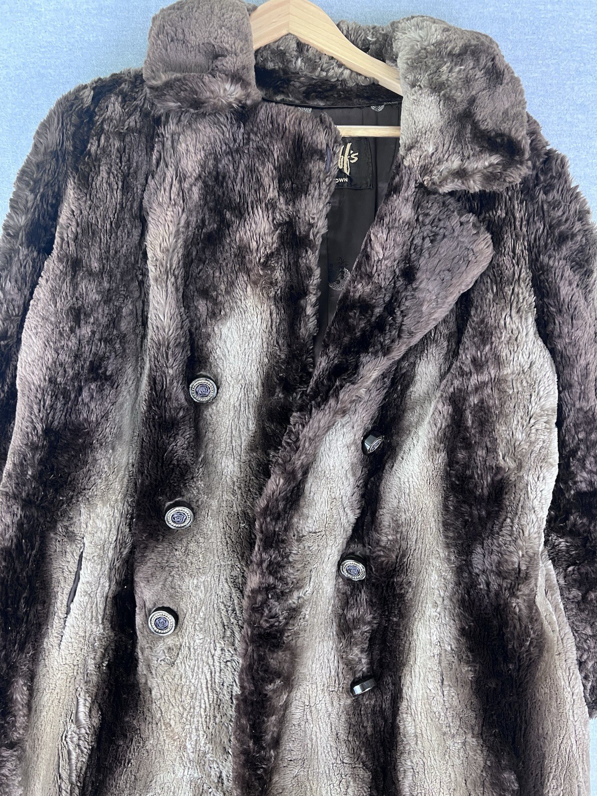 Vintage Benioff’s Allentown Faux Fur Coat Brown Grey Striped Double Breasted
