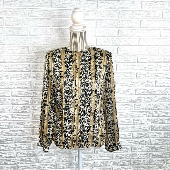 Vintage Nicola Animal Print Pleated Shirt Size 8 Leopard Gold Black Cream