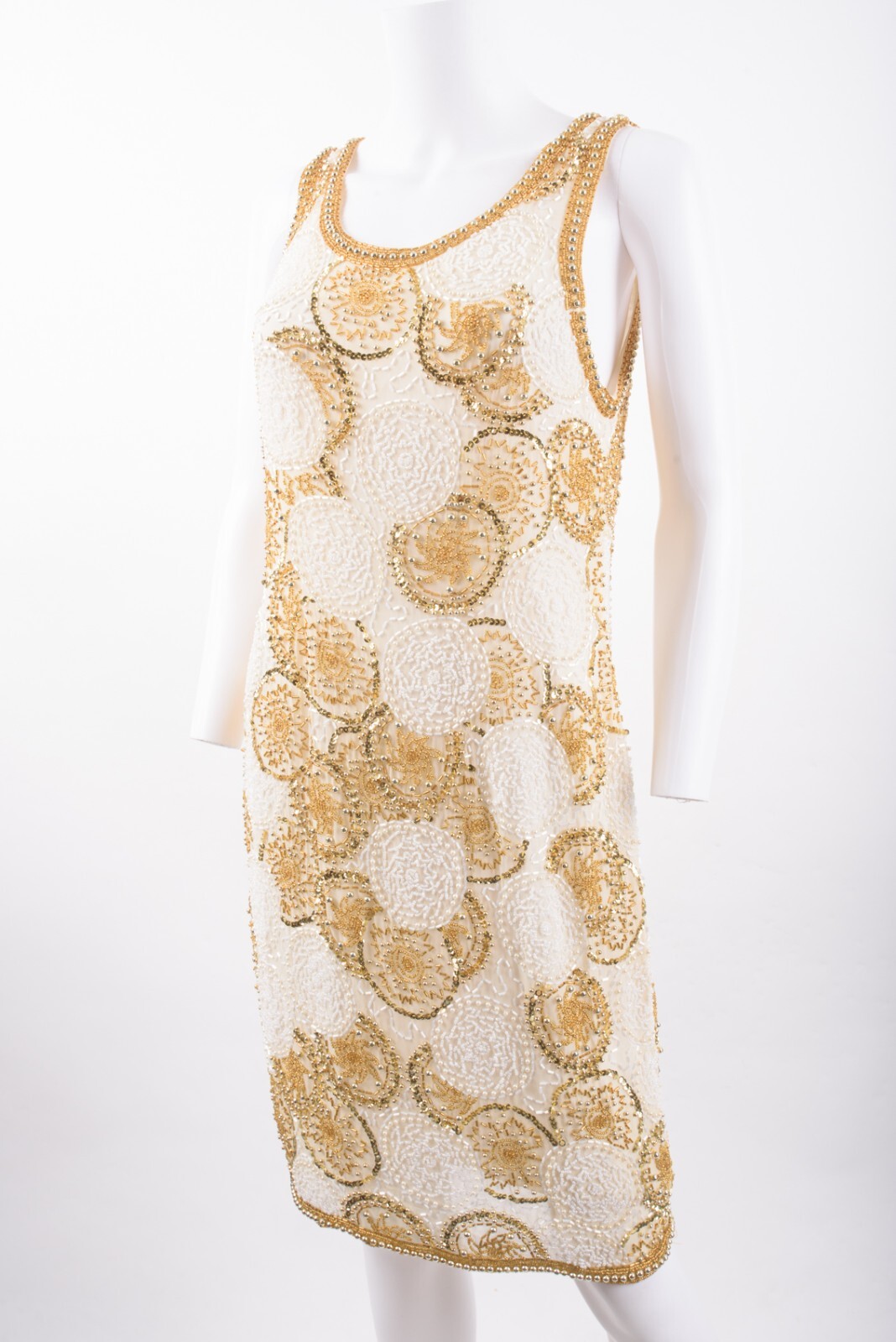 Vintage Interlude CA Womans Evening Shift Dress Size M Ivory Gold Beaded Silk