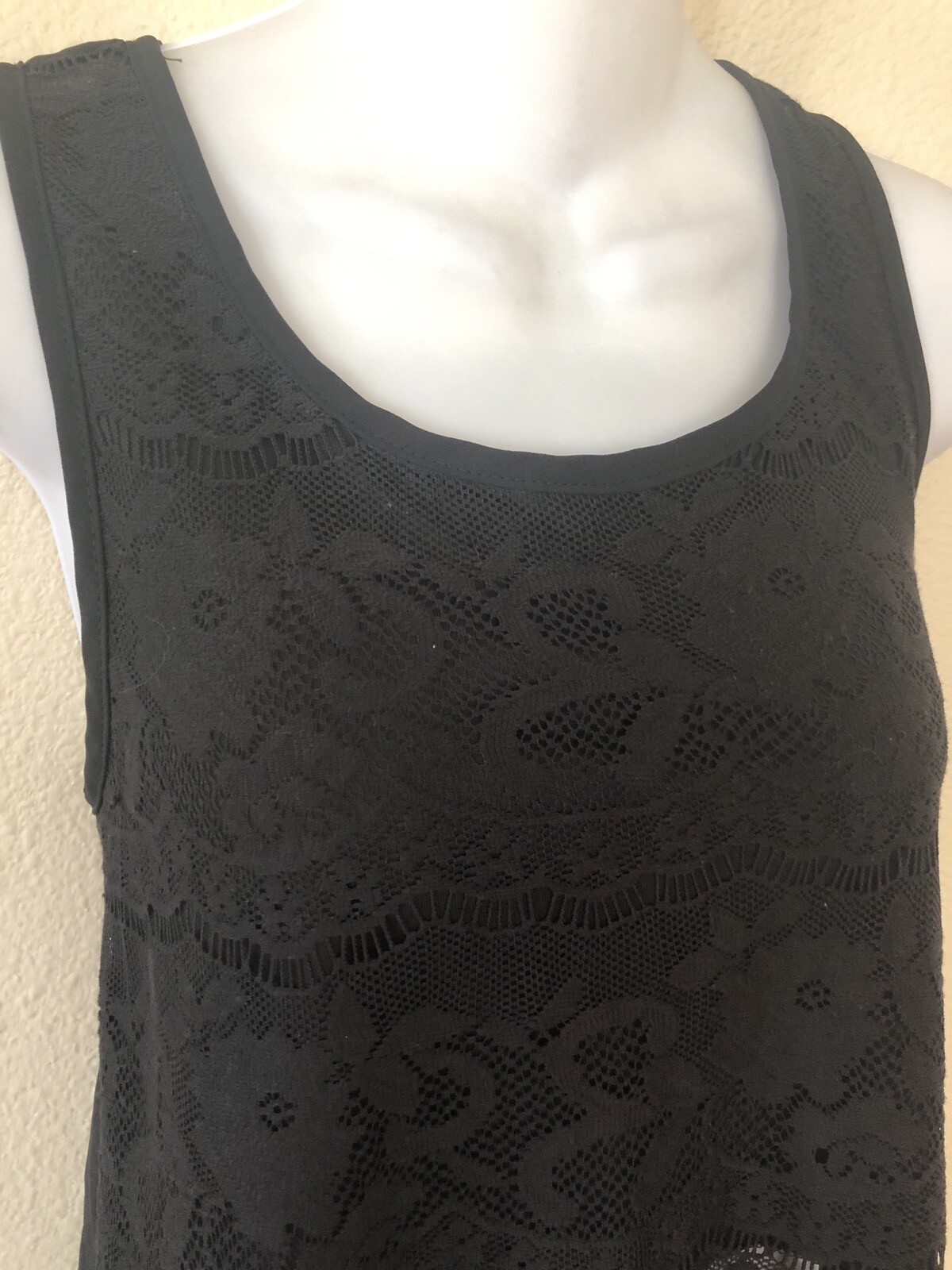 Vtg 90’s Y2K Black Mesh Lace & Crochet Tank Top Grunge Rock Goth Sz M Split Back