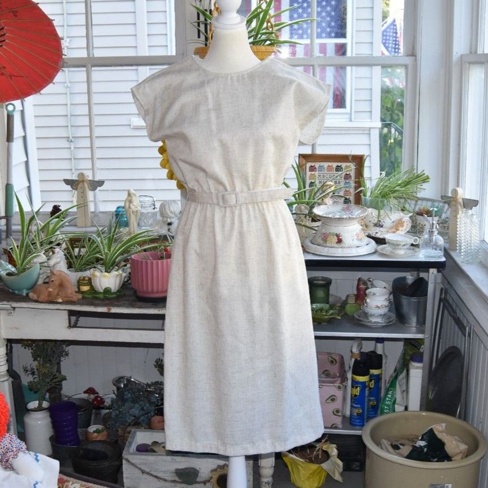 Vintage 70s Berg-Ray Frocks Oatmeal Flax Linen Look Belted Dress Small USA