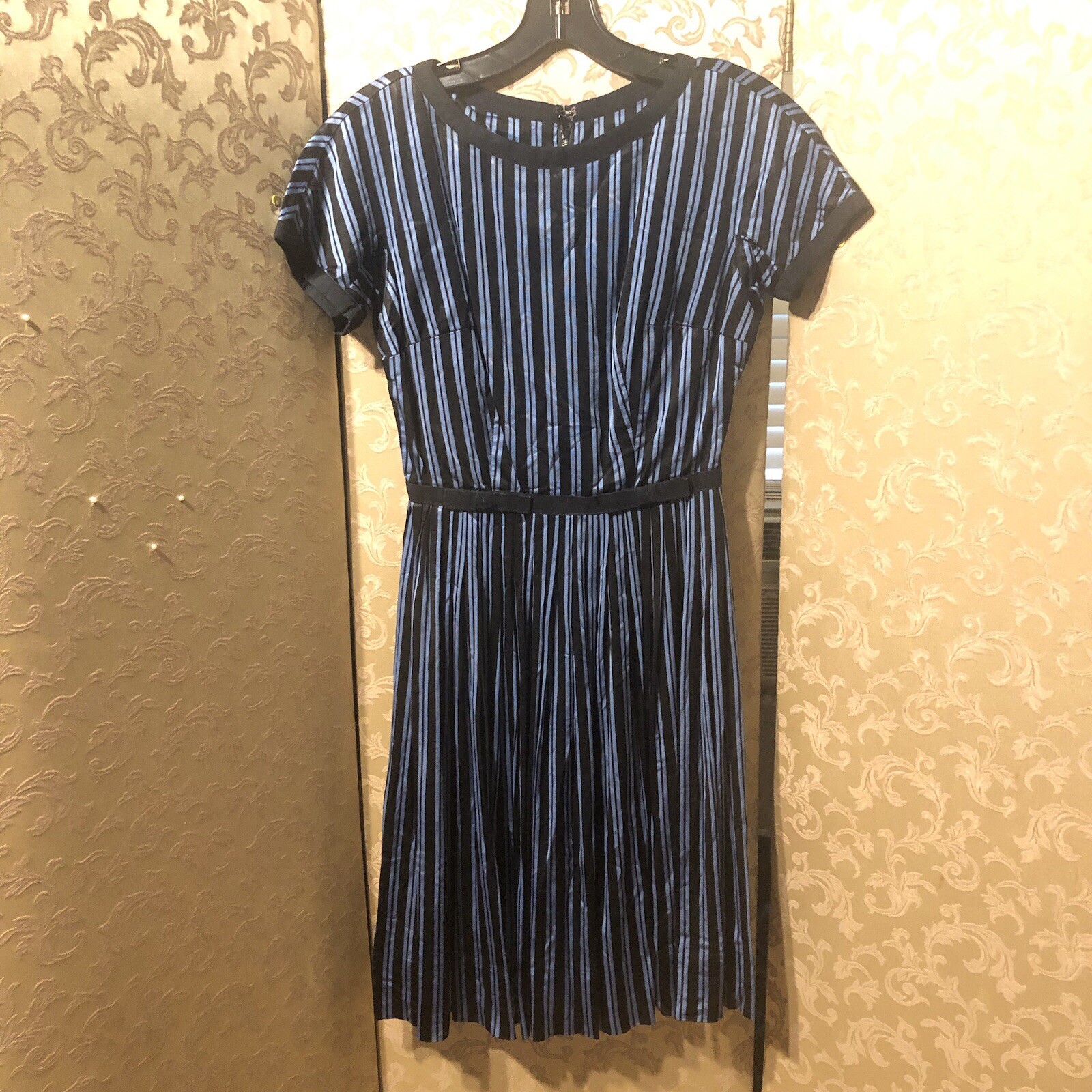 Vintage Blue Black Pleated A-Line 50s Dress Size XS 0 2