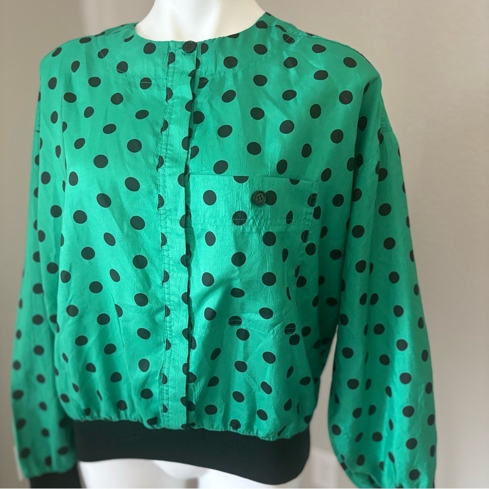 Vintage Field’s Choice Marshall Field 80’s Green Black Polka Dot Blouse Top