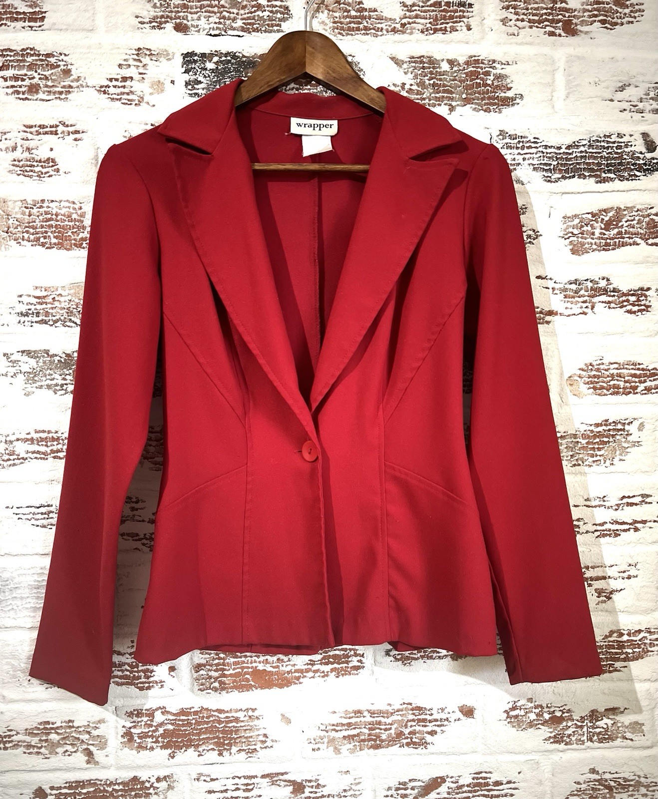 VTG Wrapper Blazer Fitted One Button Polyester Christmas Red Lightweight Sz S