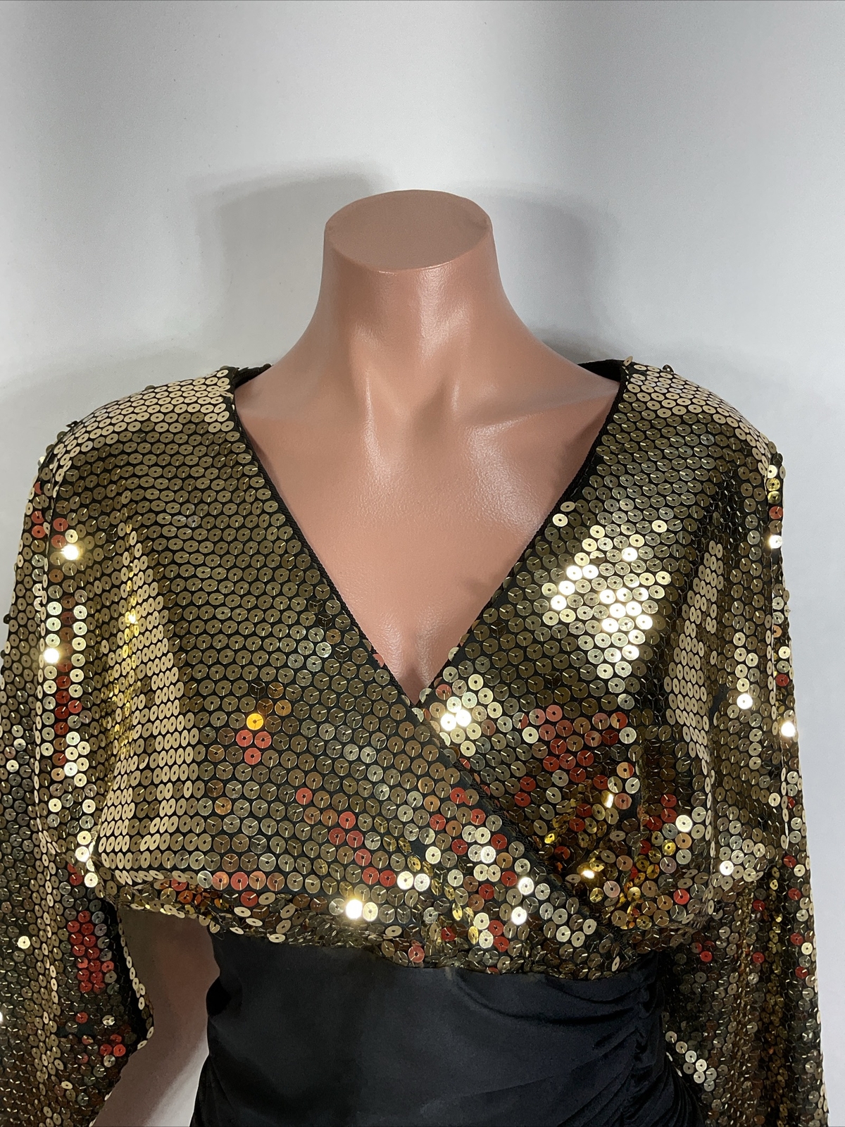 Tadashi VTG Formal Gold Sequin Ruched Draped Cocktail Party Dress Holiday NYE