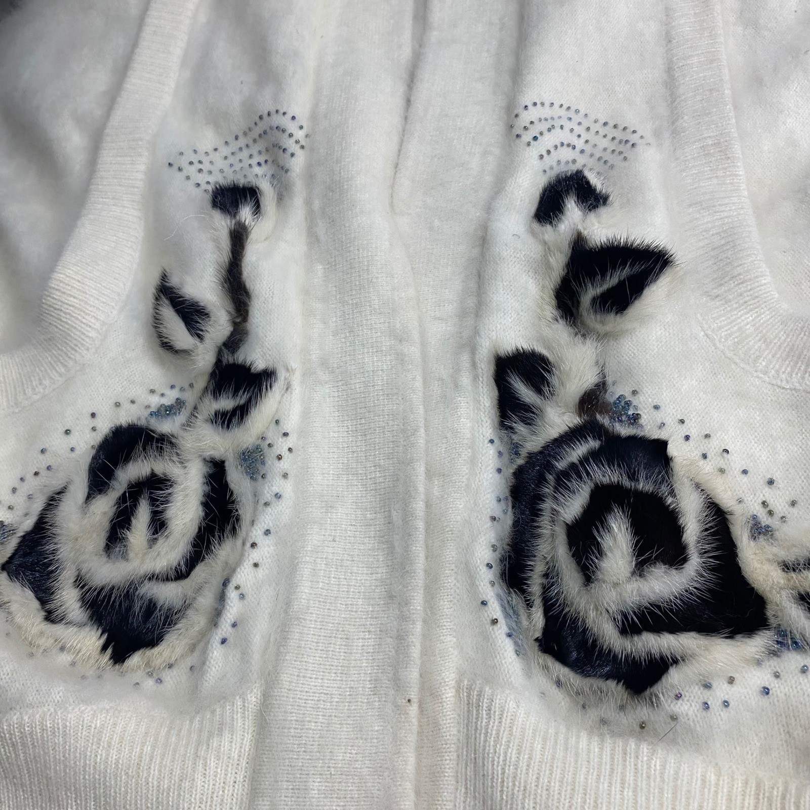 Shannan Vintage Angora Mink Fur Floral Beaded Cardigan Sweater Cream White Lrg