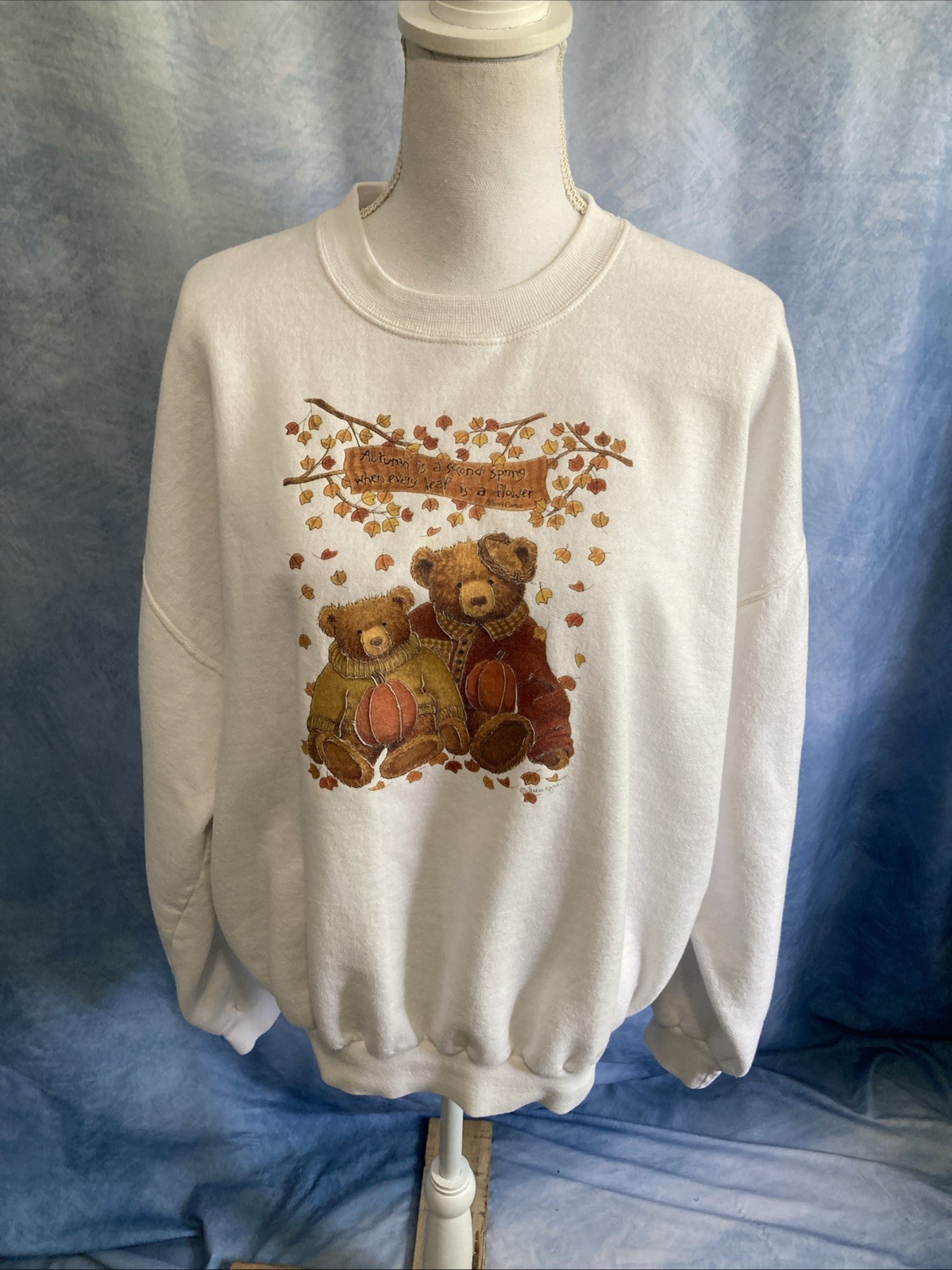 VTG 90s Jerzees NuBlend Grandmacore Autumn Sweatshirt XL White Teddy Bears Fall