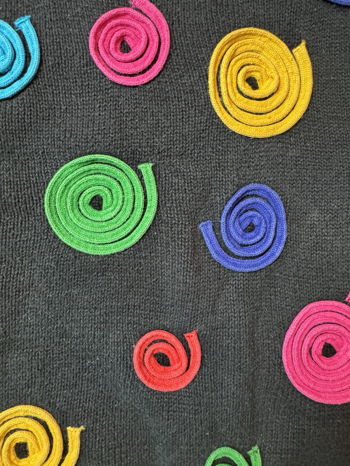 Vintage 80s Swirl Knit Sweater Womens Large Unique Design Colorful Black Unique