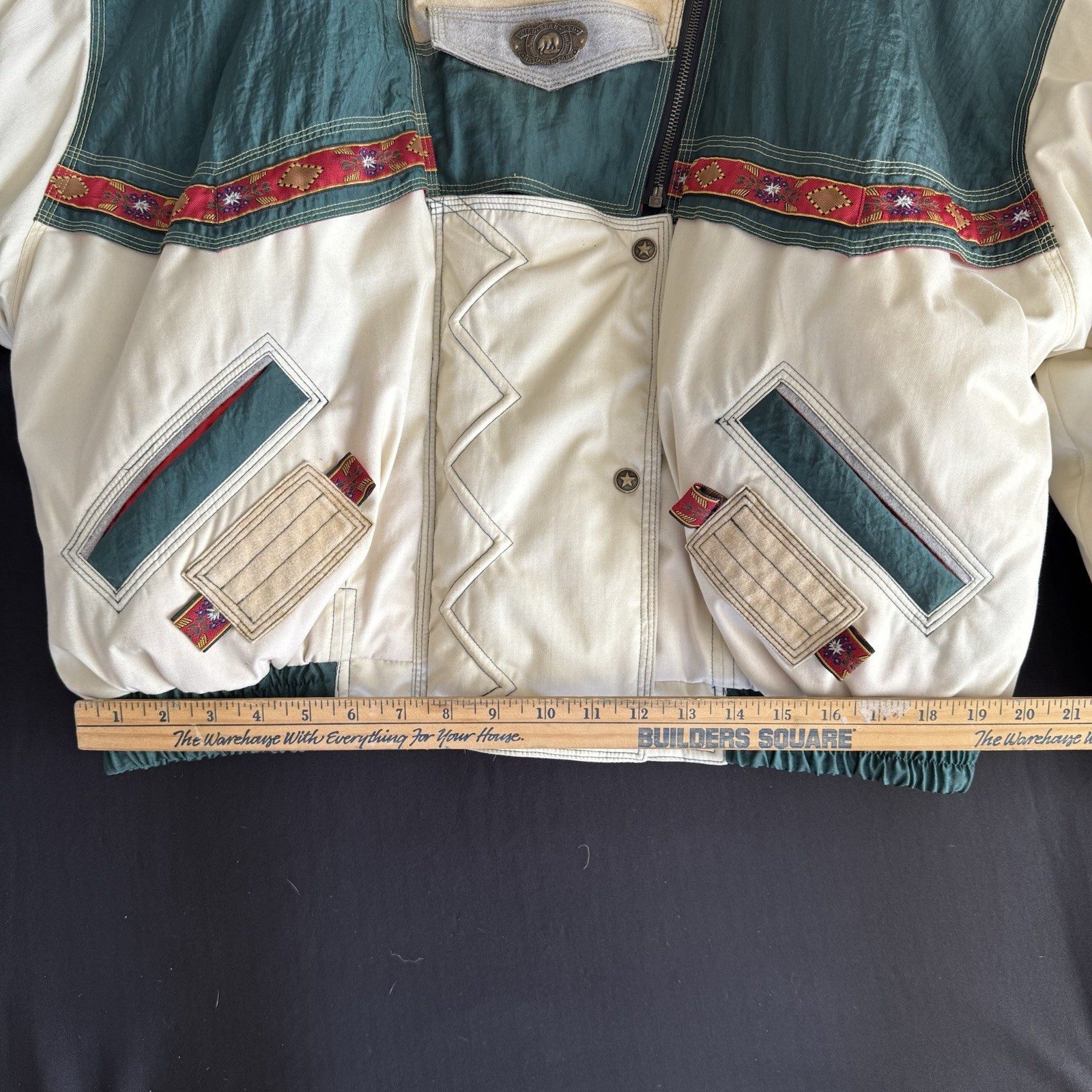 Vintage National Park J.Gallery Colorful Bomber Jacket Mongolian Lamb Fur Trim L