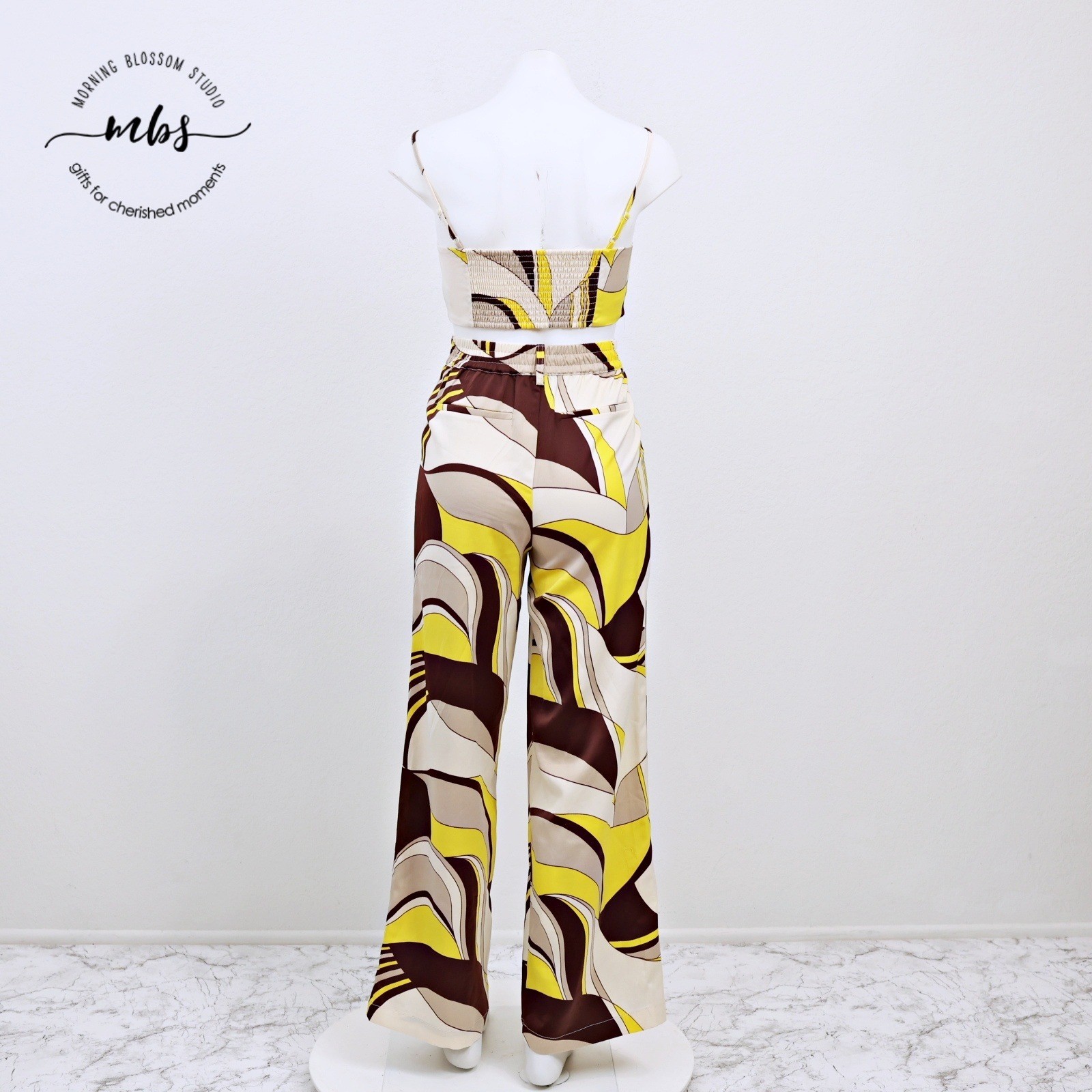 House of Harlow 1960 2-Piece Retro 70s Geometric Swirl Set Yellow Brown Women XS