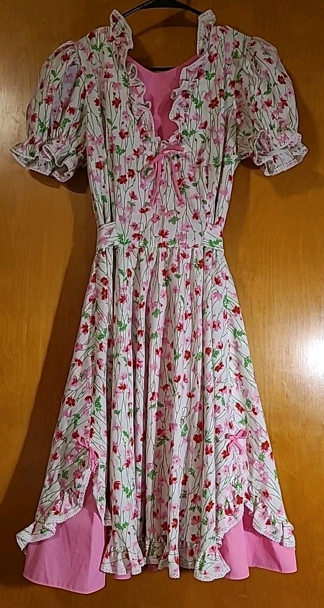 Cottagecore Vintage Pink Red Green Floral Prairie Dress Ruffles Puff Sleeves 14
