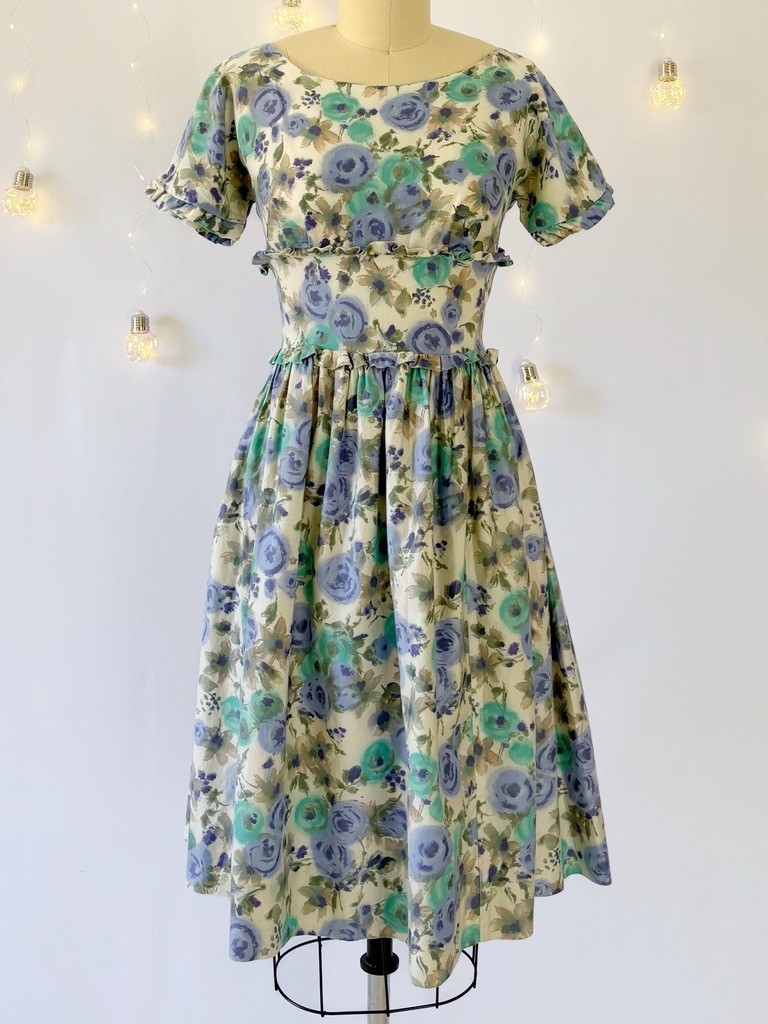 Vtg 50s 60 Blue Watercolor Floral Print Fit Flare Dress Short Sleeve Ruffles XS