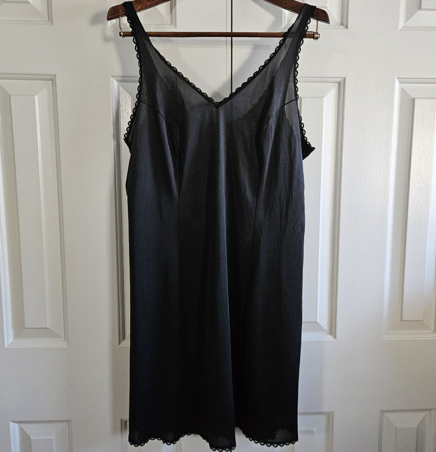 Warners Nightgown Slip Dress Vtg Black USA Lace Trim Scalloped Goth Satin L Bow