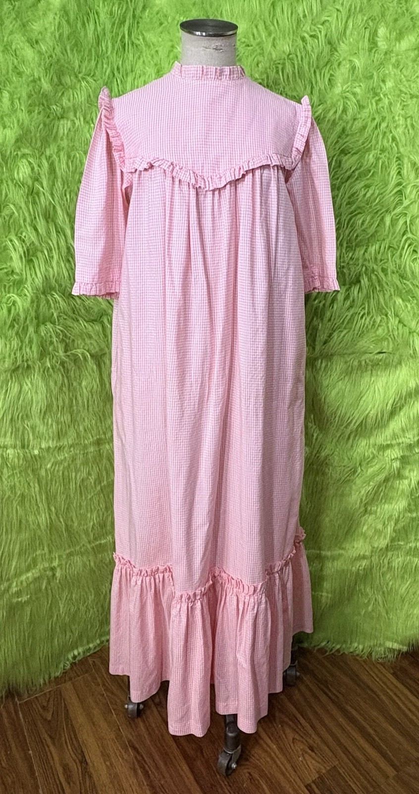 Vintage 50’s 60’s Sydney Honolulu Hawiian Mumu Maxi Dress Pink Check Cottage Sml