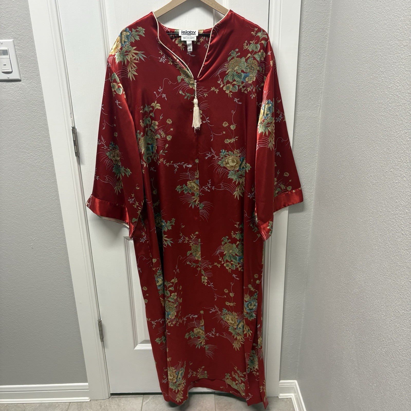 Vtg Lejaby Paris Caftan Mumu Maxi Dress Kimono Asian Inspired Chrysanthemum Red