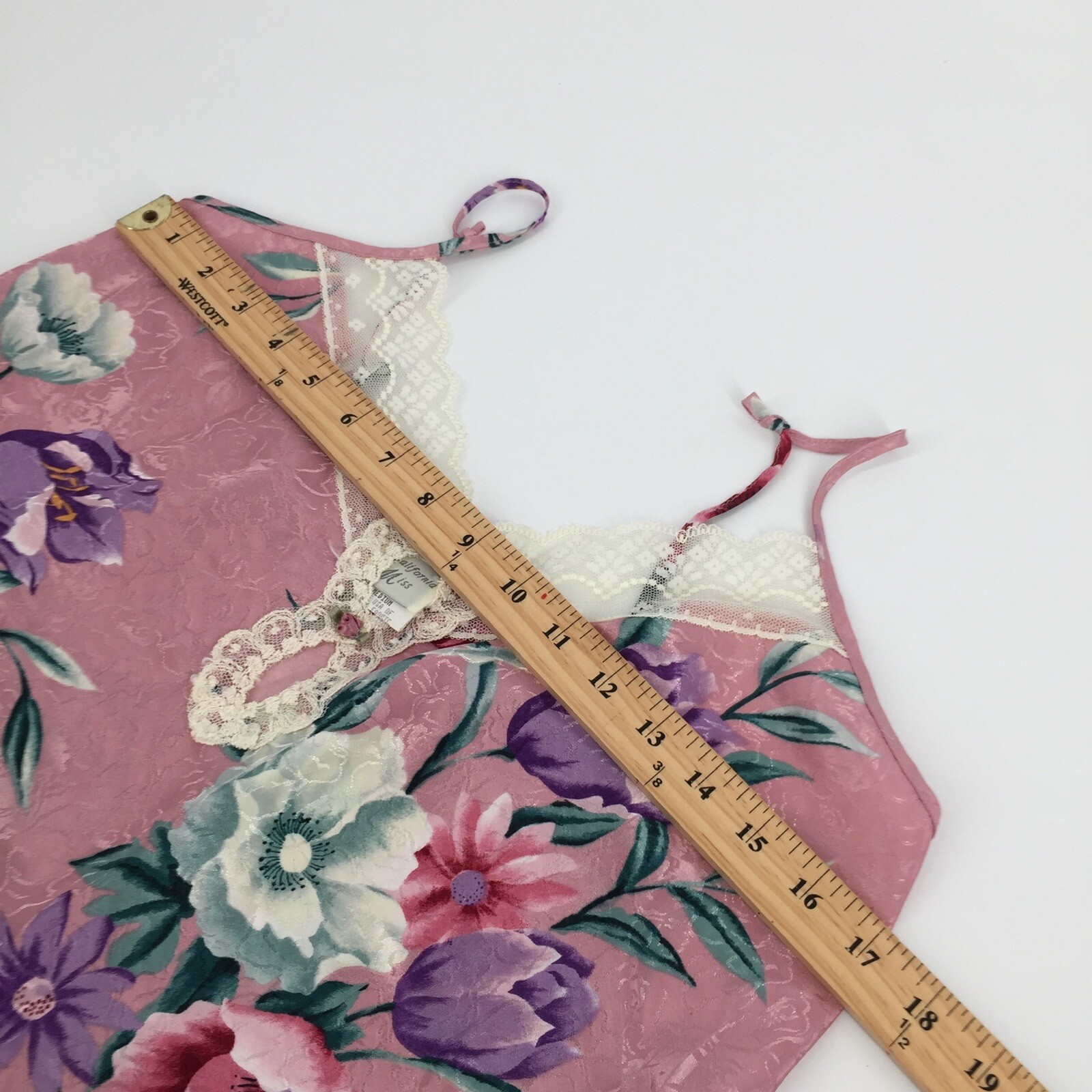 Vintage 80s California Miss Floral Print Lingerie Dress Size Medium Pink Satin M