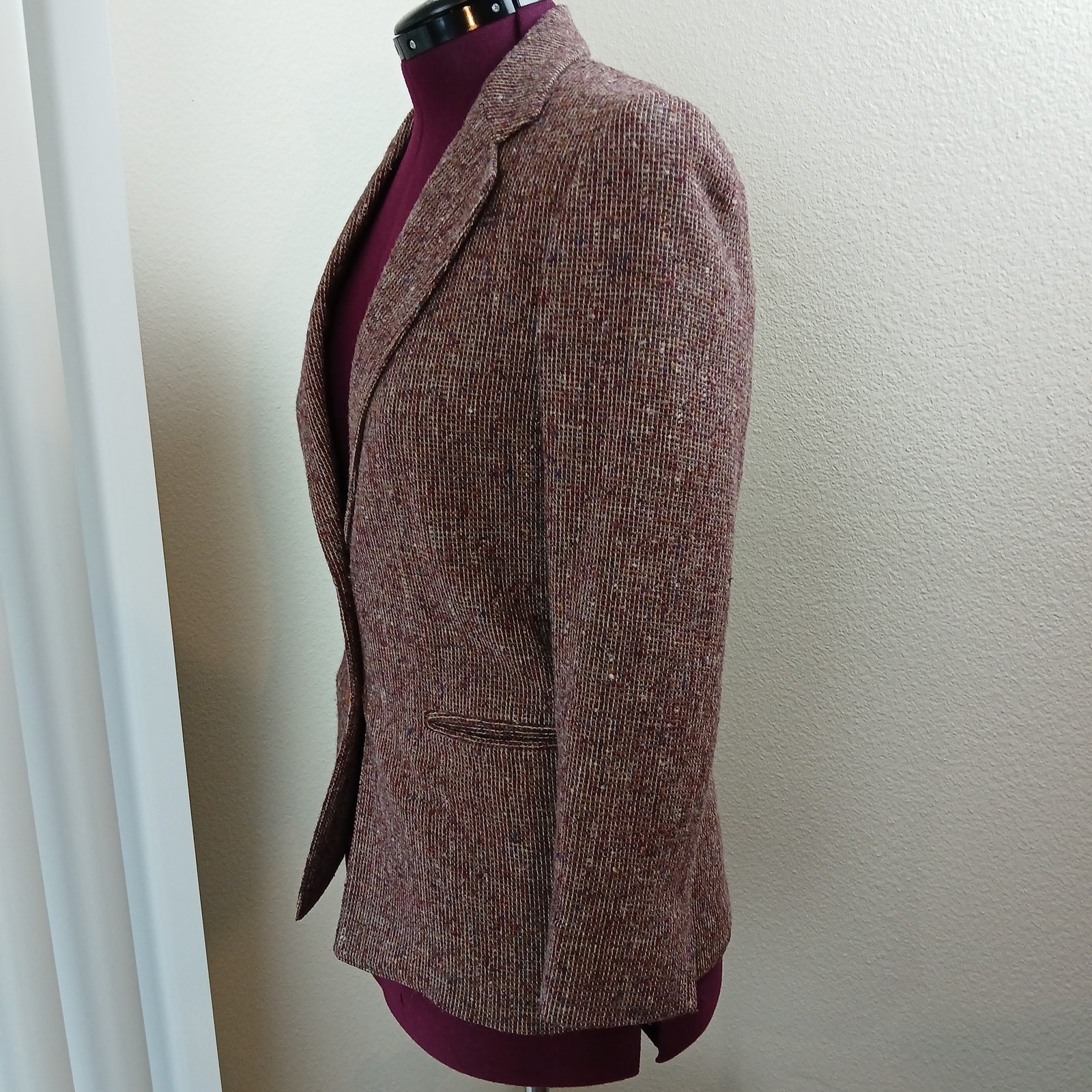 Farah for her Burgundy Tweed Blazer 10 VTG 70s wool blend pockets knot buttons