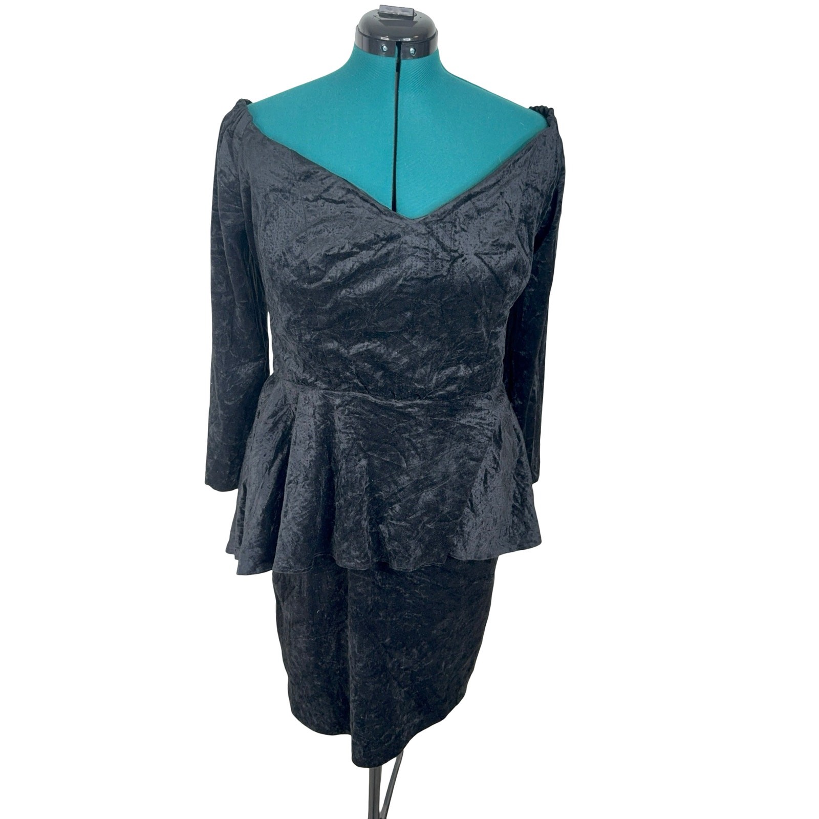 Vintage 80s Black Crushed Velvet Peplum Dress Off Shoulder Goth Glam Cocktail