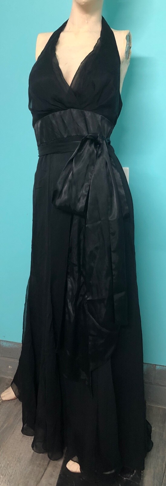 VTG Y2K WATTERS/WATTERS Black Halter Chiffon Satin Mermaid Evening Formal Gown~8