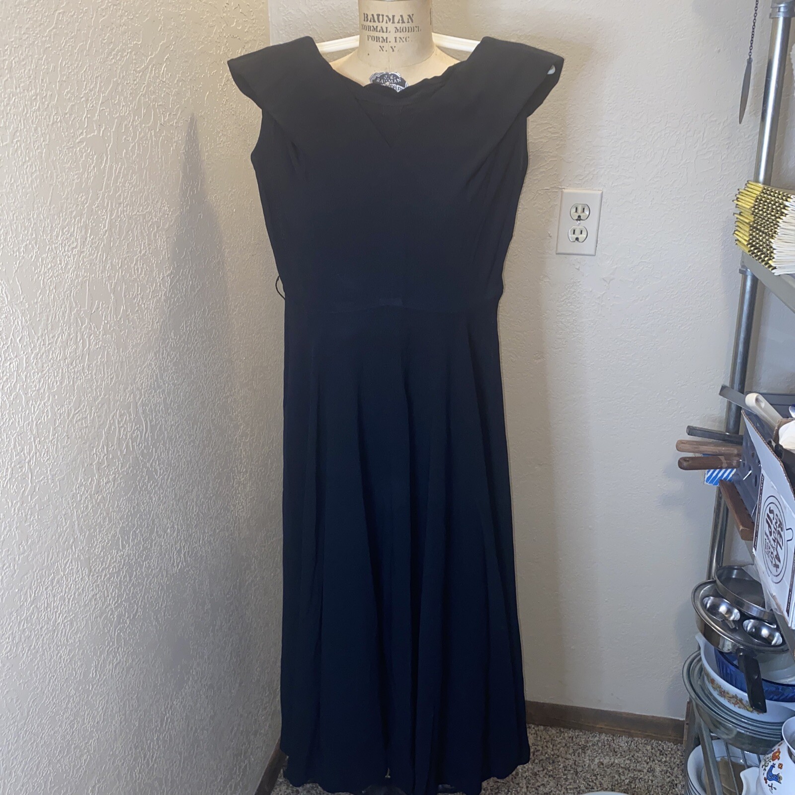 Vintage 1940s Simple Black Crepe Dress Size Small