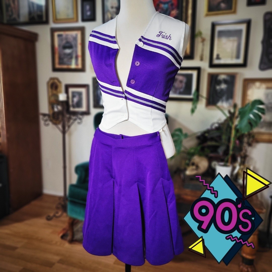 Team Mates Cheerleading Uniform Vintage 90s Purple White Skirt Top Set USA Small