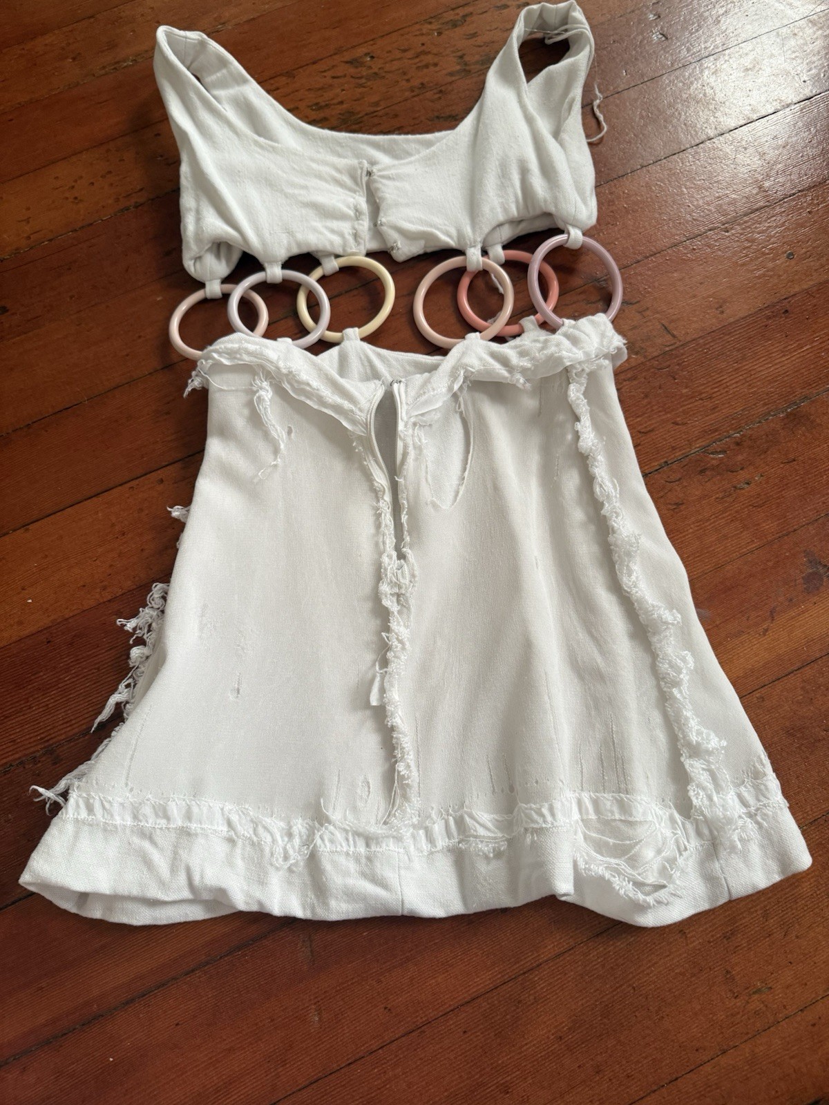 1960s Mod Space Age Linen Cutout Waist A-Line Mini Dress Lucite Rings Go-Go XS