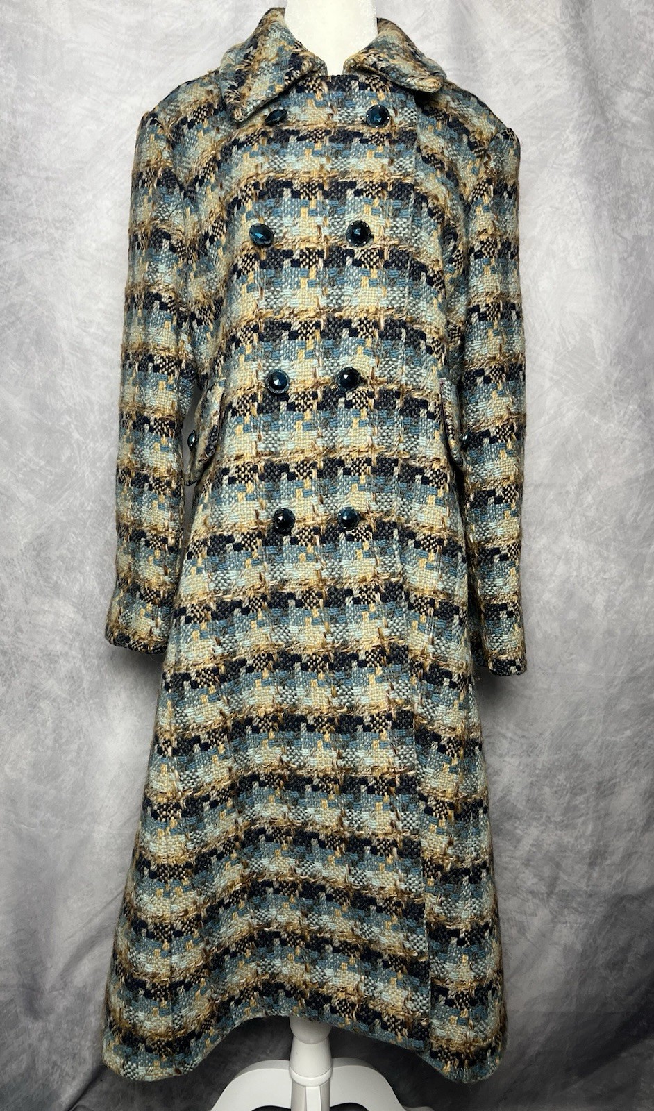 Vintage 1960s Retro Mod Tweed Coat Regal Garment Co. Teal Beige Blue Sz M