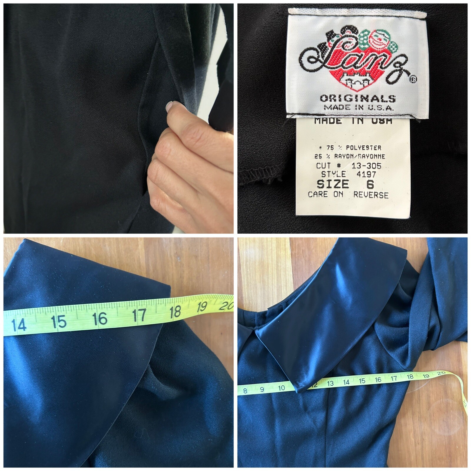 Vintage 80s Does 50s Lanz Orginals Little Black Dress Sz 6 Shawl Collar Pockets