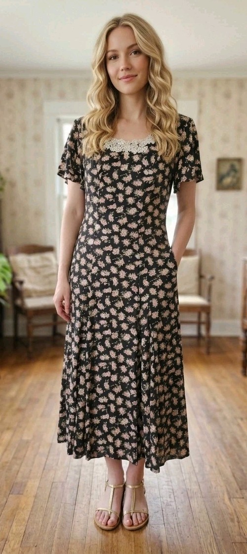 Vintage 80s/ 90s Marnie West Floral Midi Dress Lace Scoop Neck Shoulder Pads 13