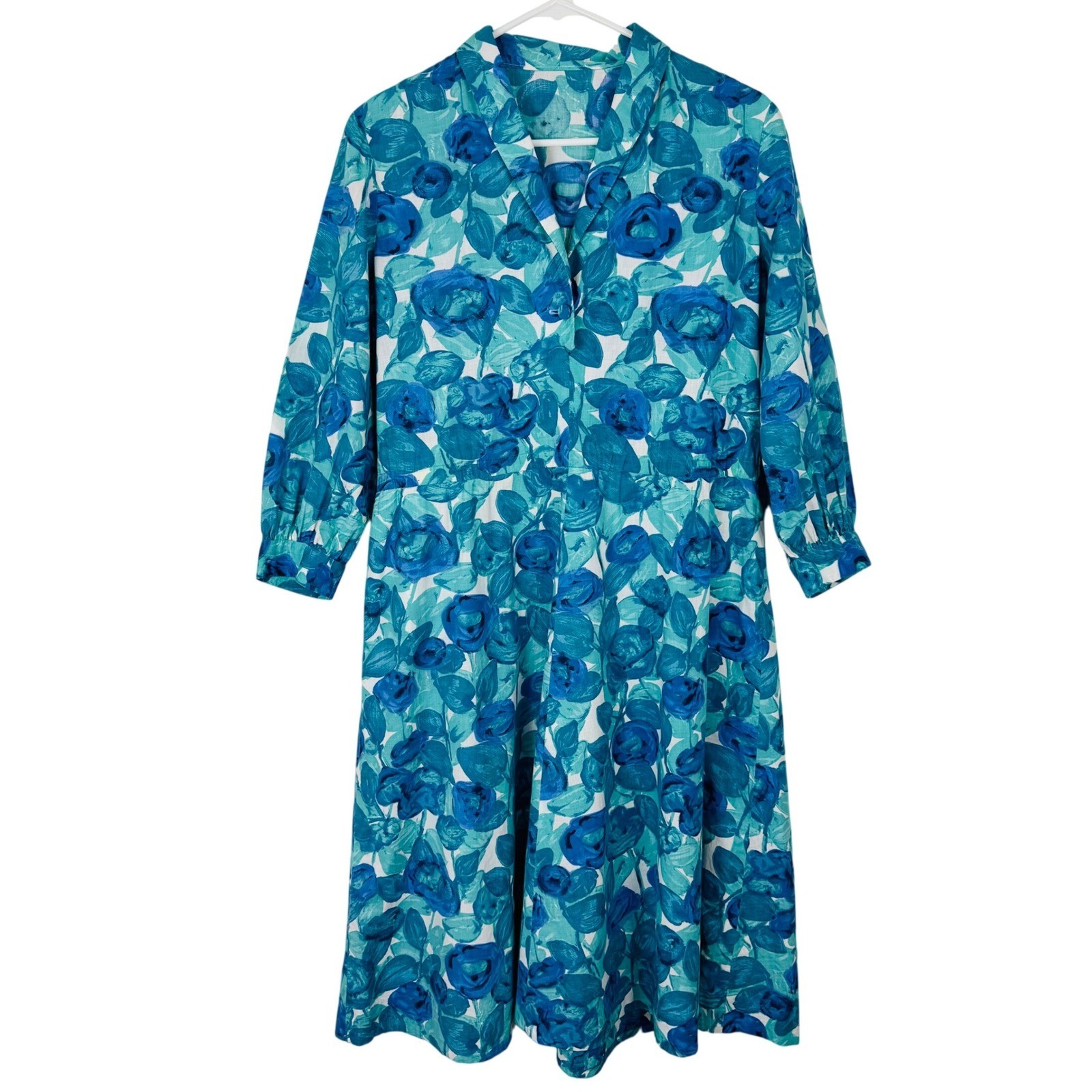 Vintage Floral 3/4 Sleeve A-Line Midi Day Dress Retro Mod 60s 70s Handmade