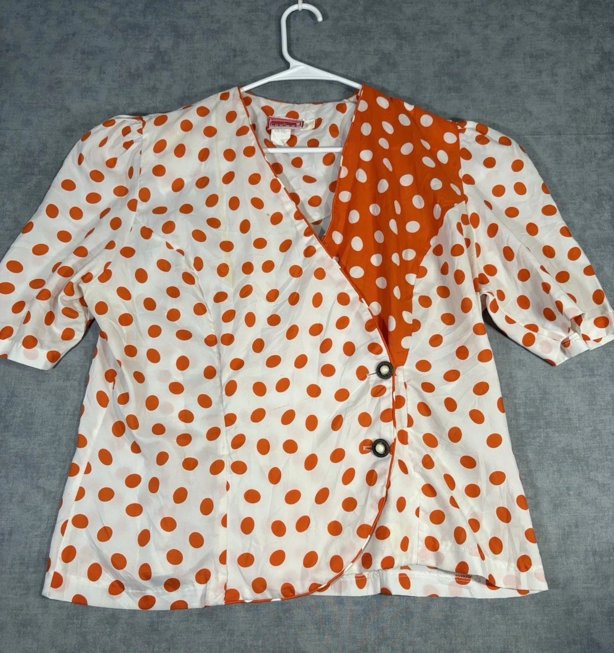 Vintage Lormar San Juan Polka Dot Blouse White Orange USA Retro Top