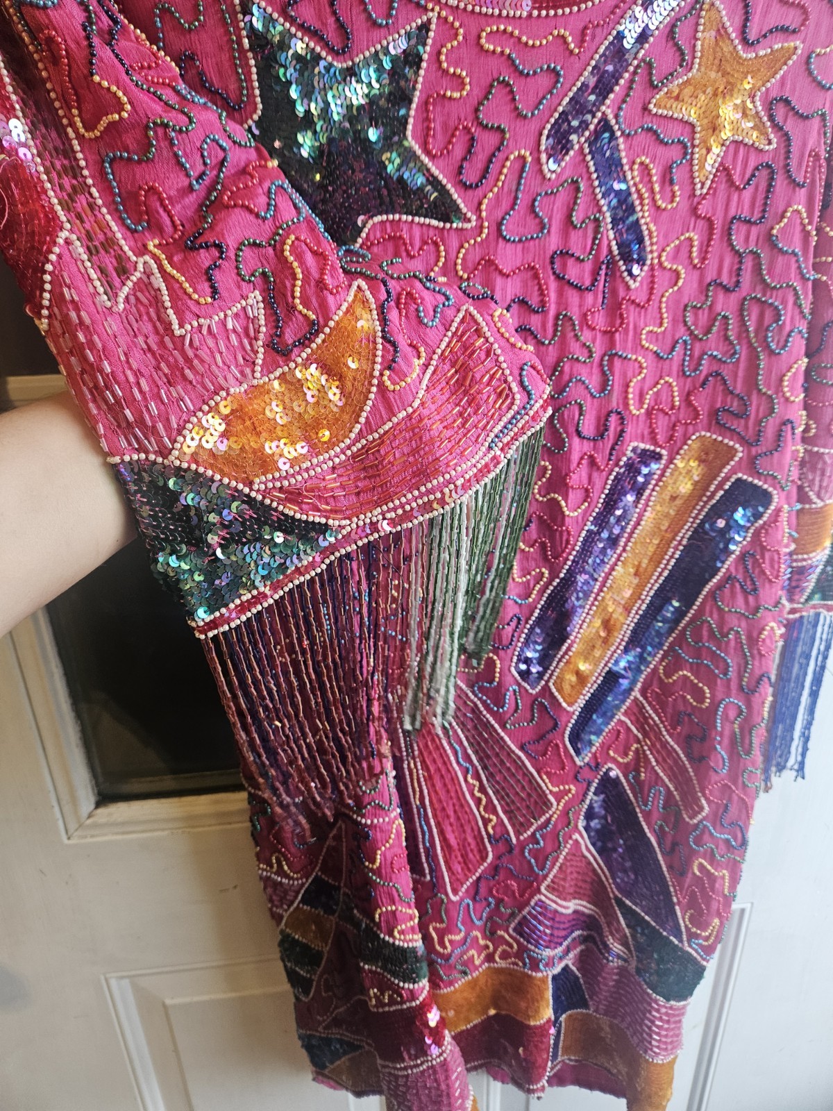 Vintage 80s Flapper 100% Silk Funky Beaded Whimsical Retro Large Sequin Dress