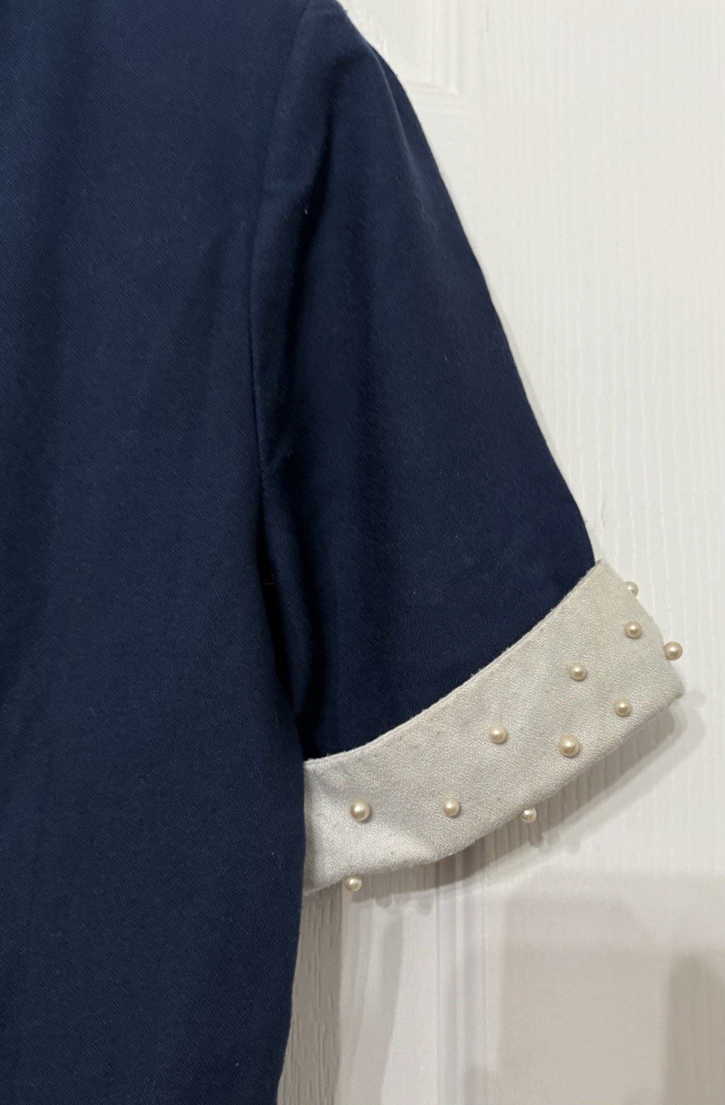 VTG Misty Lane Retro Collar Dress Sz 11/12 Beaded Faux Pearls 80s Blue & White