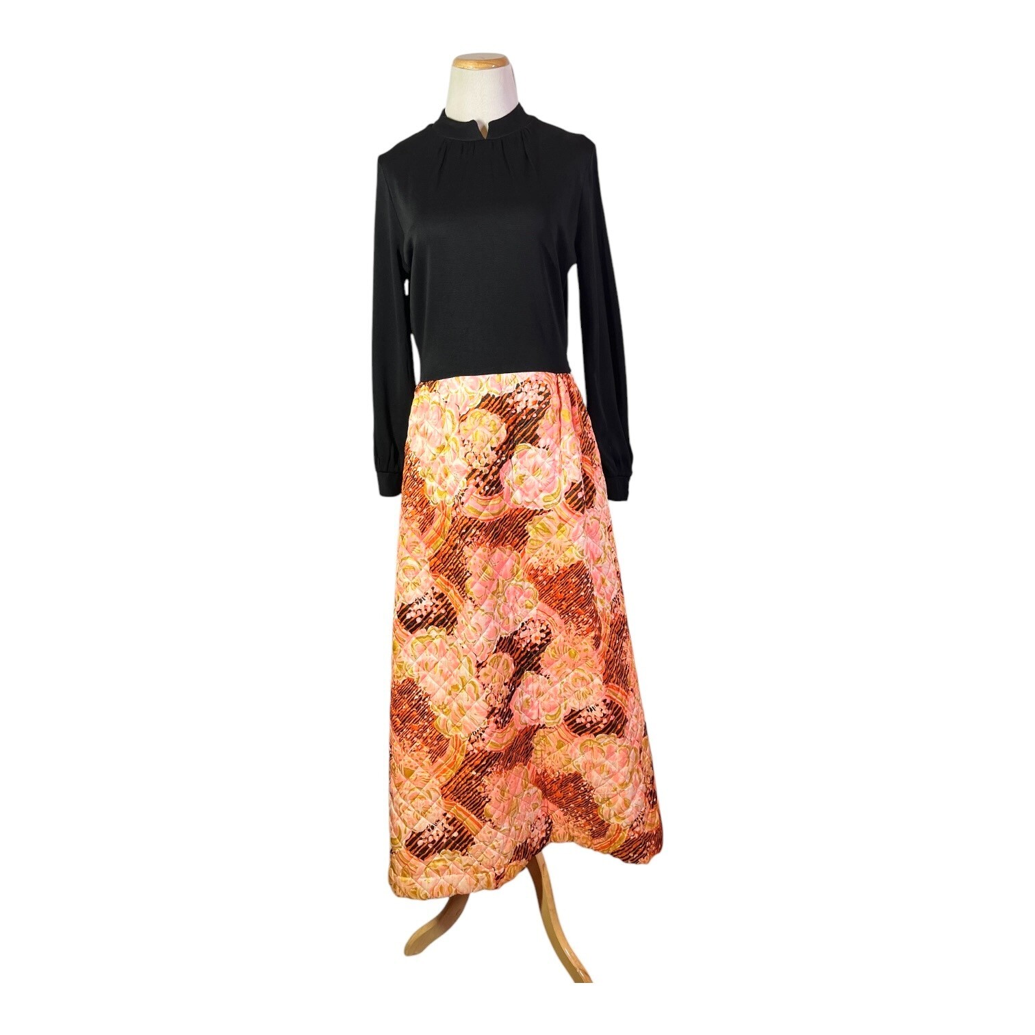 Vintage 1970s Maxi Dress Quilted Skirt Black Pink Orange Hostess