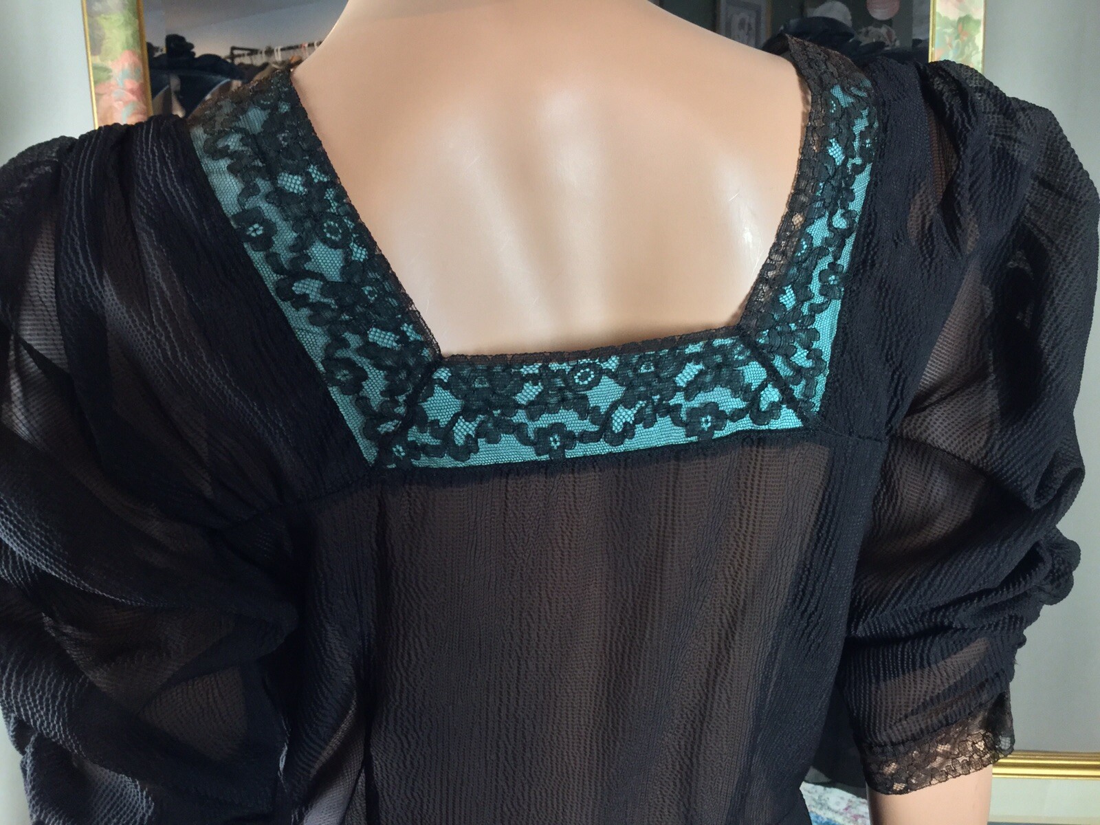 Vtg 20s Black Sheer Dress Sz 10 Layered Front Flapper Style Square Neck 36” Bust
