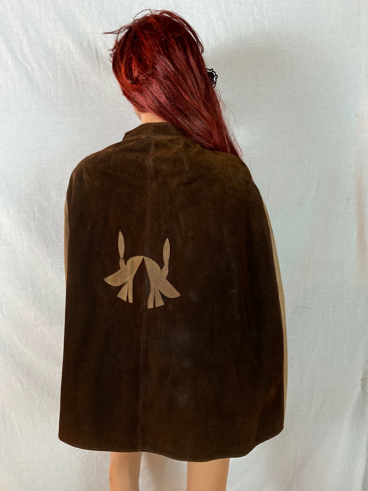 Vtg 60-70s Cape Poncho Coat 2 Tone Brown Diamond Art Love Zip Birds Back Hippy S