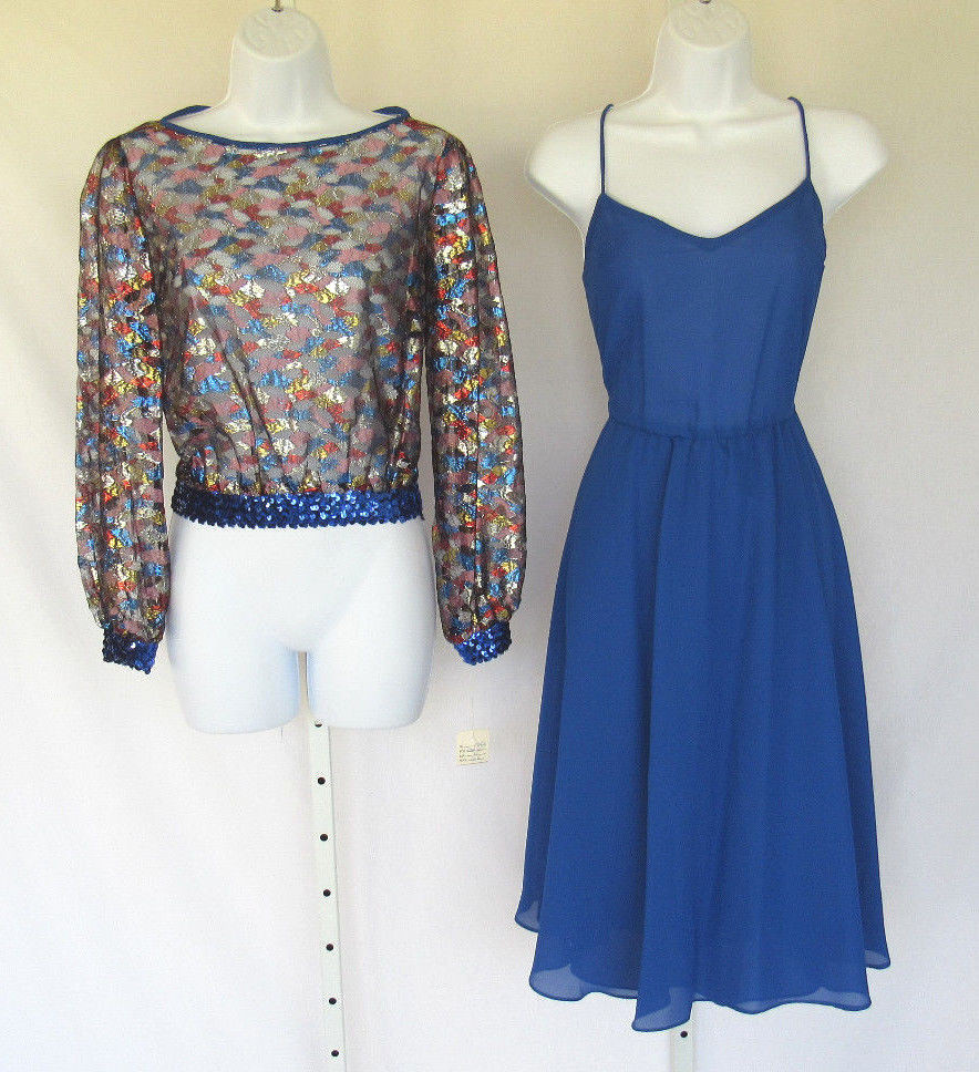 VINTAGE 1960s MARIE TORELLI DRESS & COVER SIZE 6 BLUE POLY ACETATE METALLIC NWT