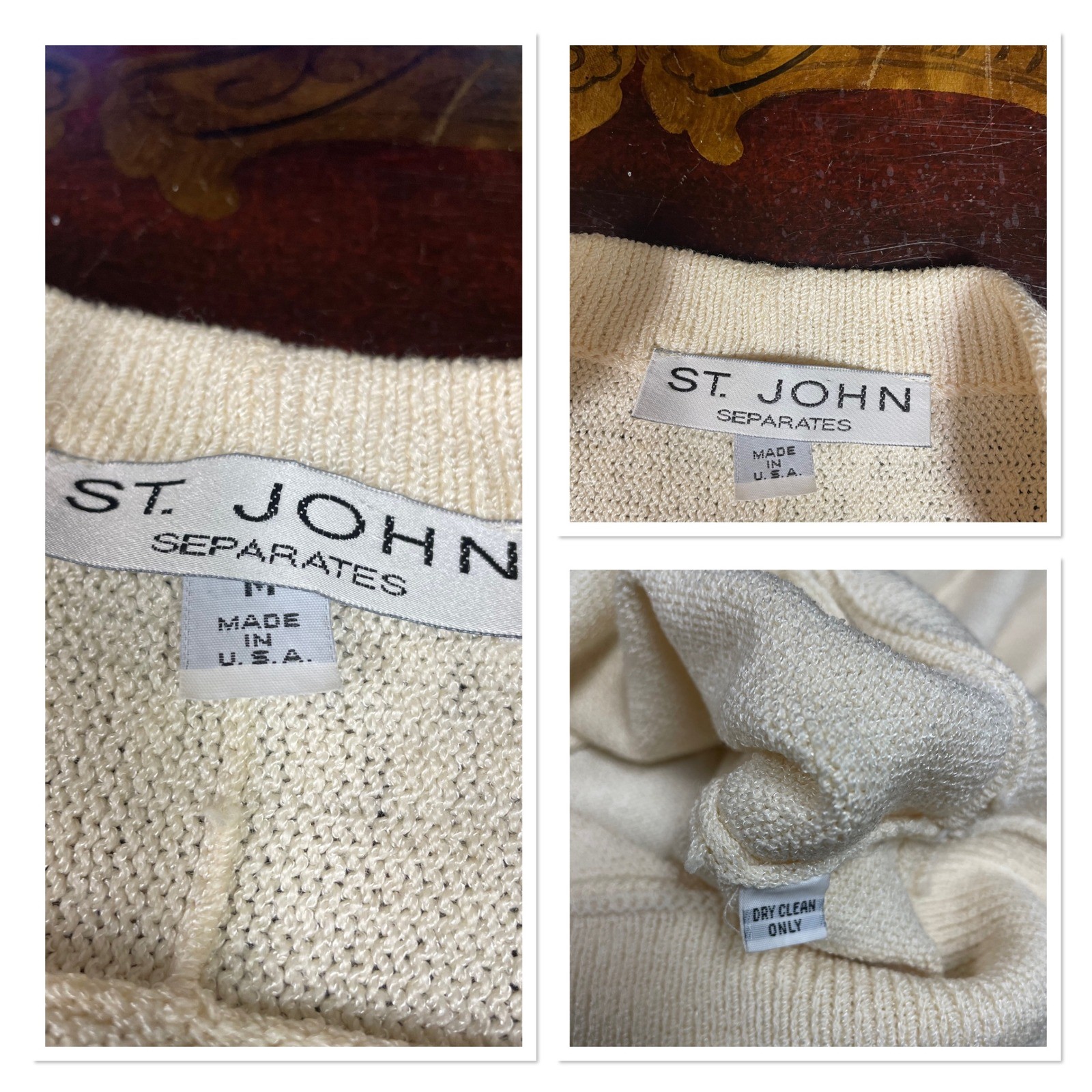Vtg St. John Cream Beaded Faux Wrap Santana Knit Batwing Sleeve Sweater Retro M