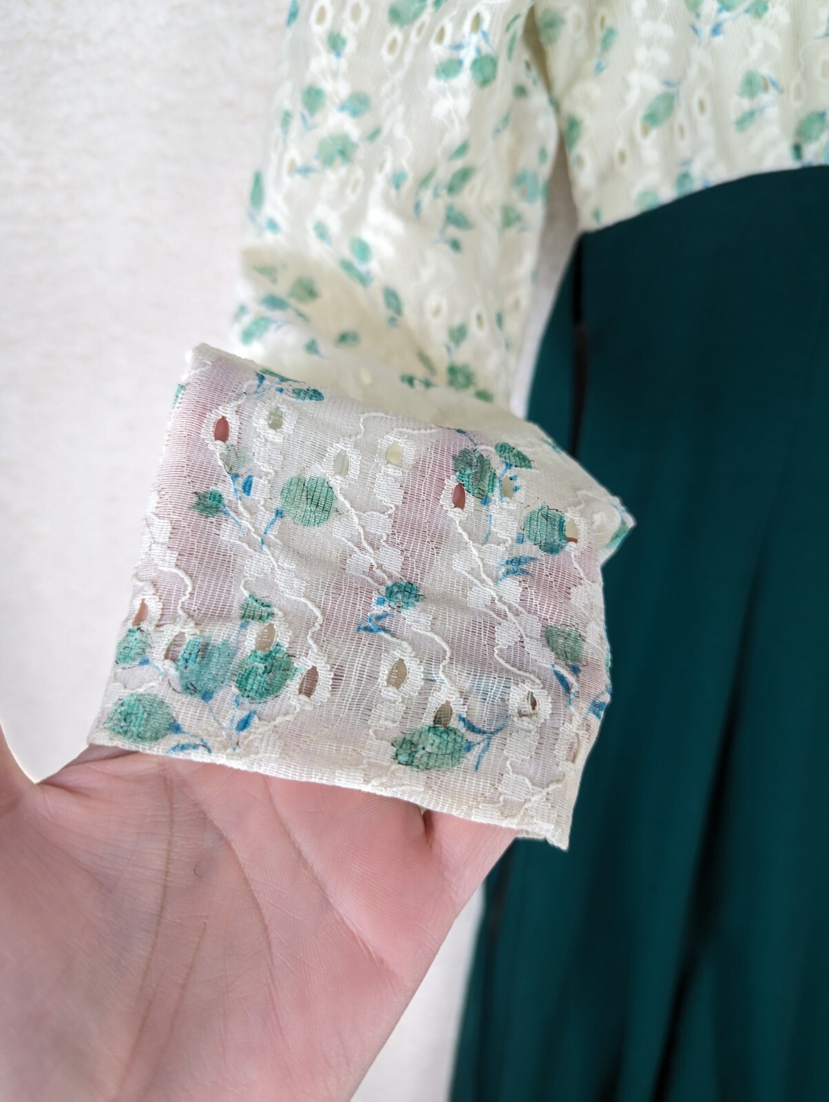 Vtg Kristie Lou California Juniors Cottage Prairie Dress Green Floral 70s Tie