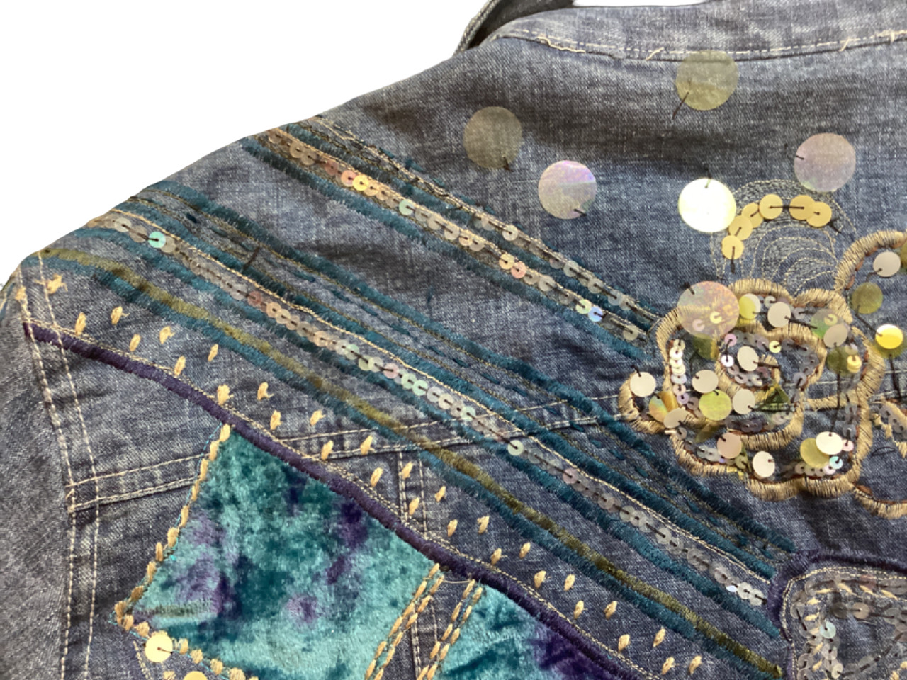 Chico’s Designs Denim Jacket Womens 3 Sequins Embroidery Beaded Boho 80’s Vtg