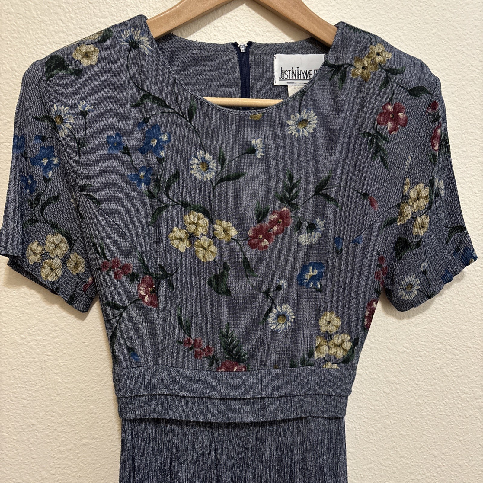 VTG 90s Just In Thyme Petite Art Womens Midi Dress Short Sleeves Back Tie SZ 8