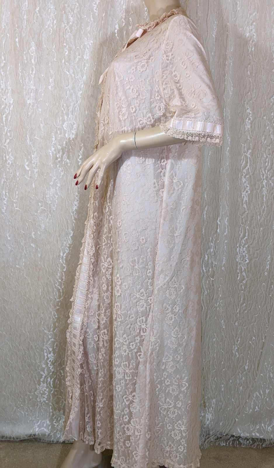 VTG Odette Barsa Lace Overlay Pocket Pink Peter Pan Collar Dressing Gown Robe L