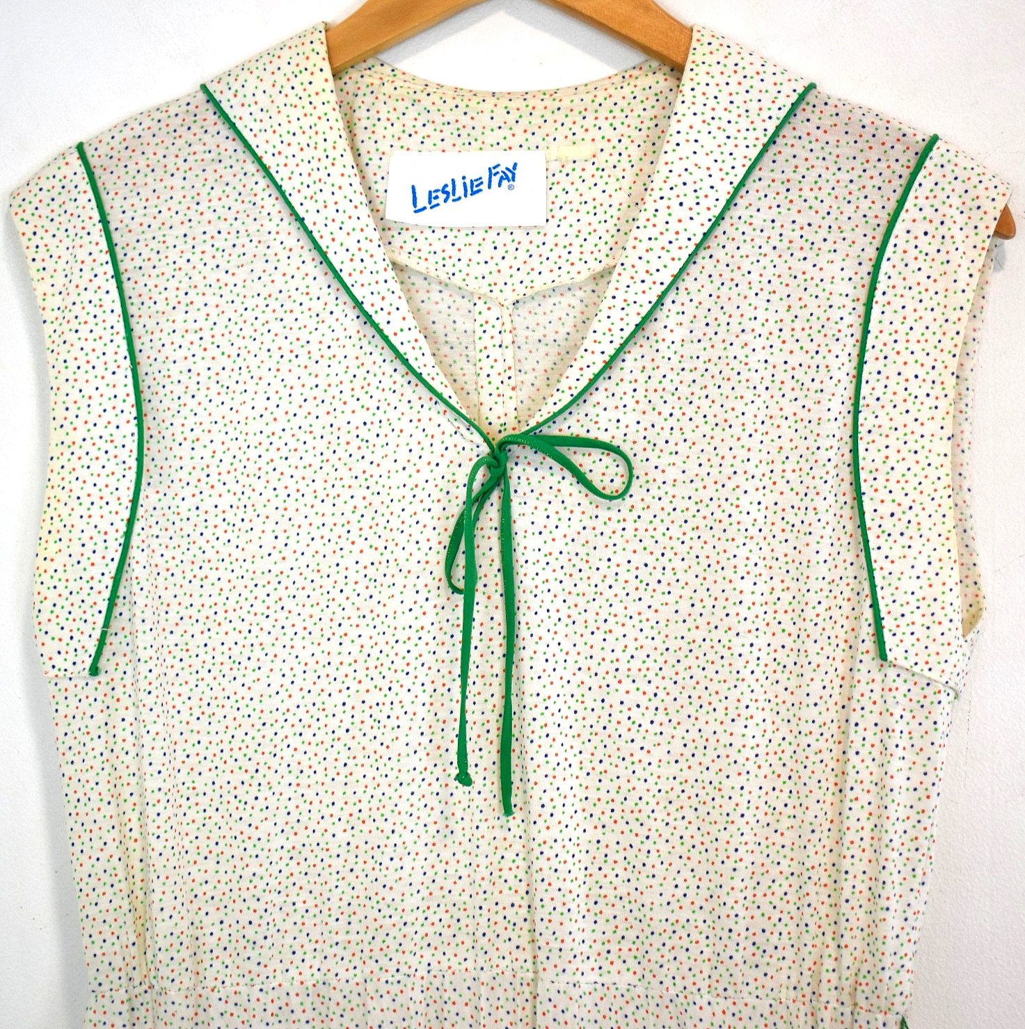 Vtg 70s LESLIE FAY Polka Dot Jersey Knit Sportswear Day Dress M-L Sailor Collar