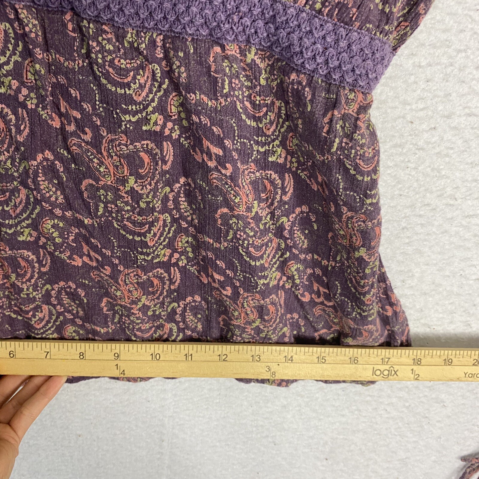VTG Boho Peasant Balloon Sleeve Gauze Top L Purple Paisley 90s Blouse
