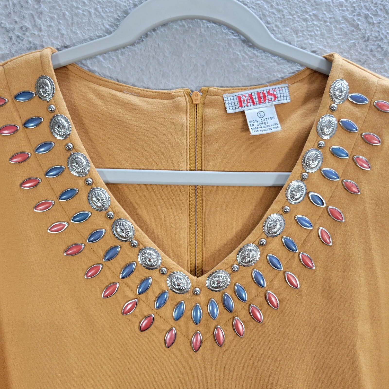 Vtg Women’s L FADS Orange Shirt Dress Long Concho Embellished Collar Flare Boho