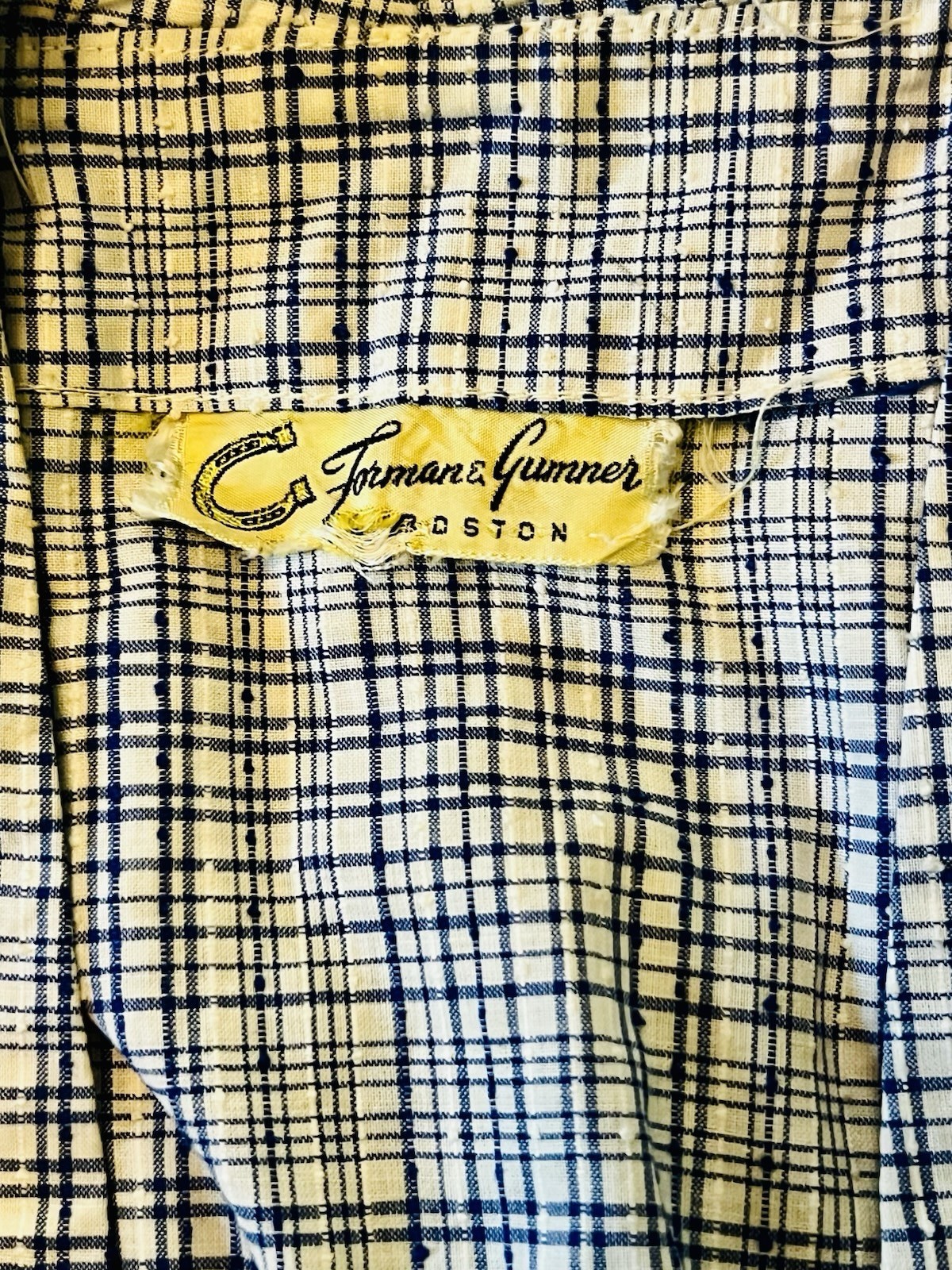 Vintage 1950s Forman & Gunner Blue White Plaid Swiss Dot Fitted Wiggle Dress M