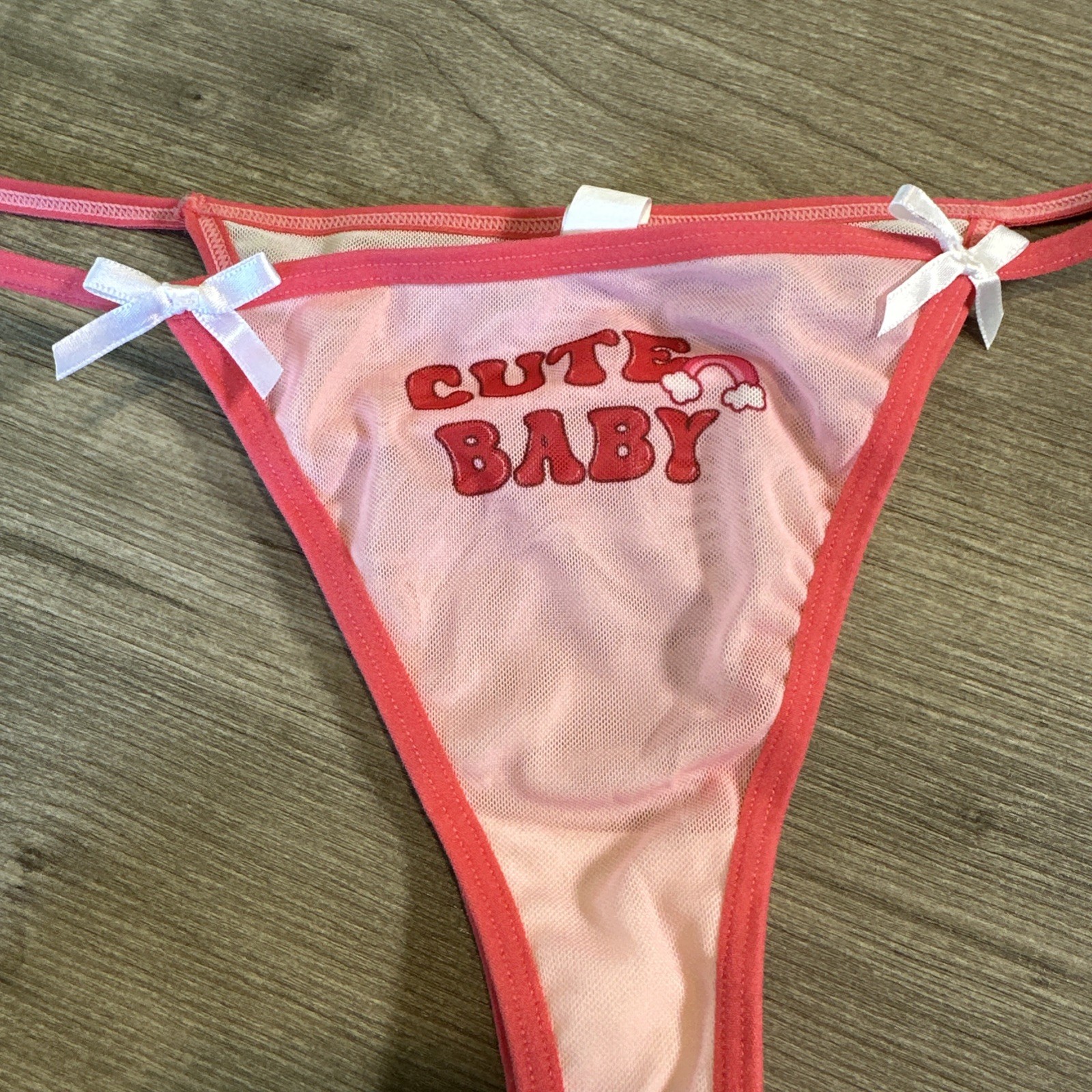 Vtg Kawaii Cute Baby Bows Mesh String Bikini Cheeky Panties Pink Rainbow L